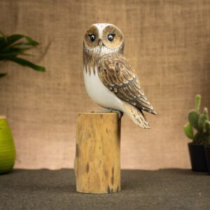 Hand Painted Wooden Bird Sculpture of a Barn Owl