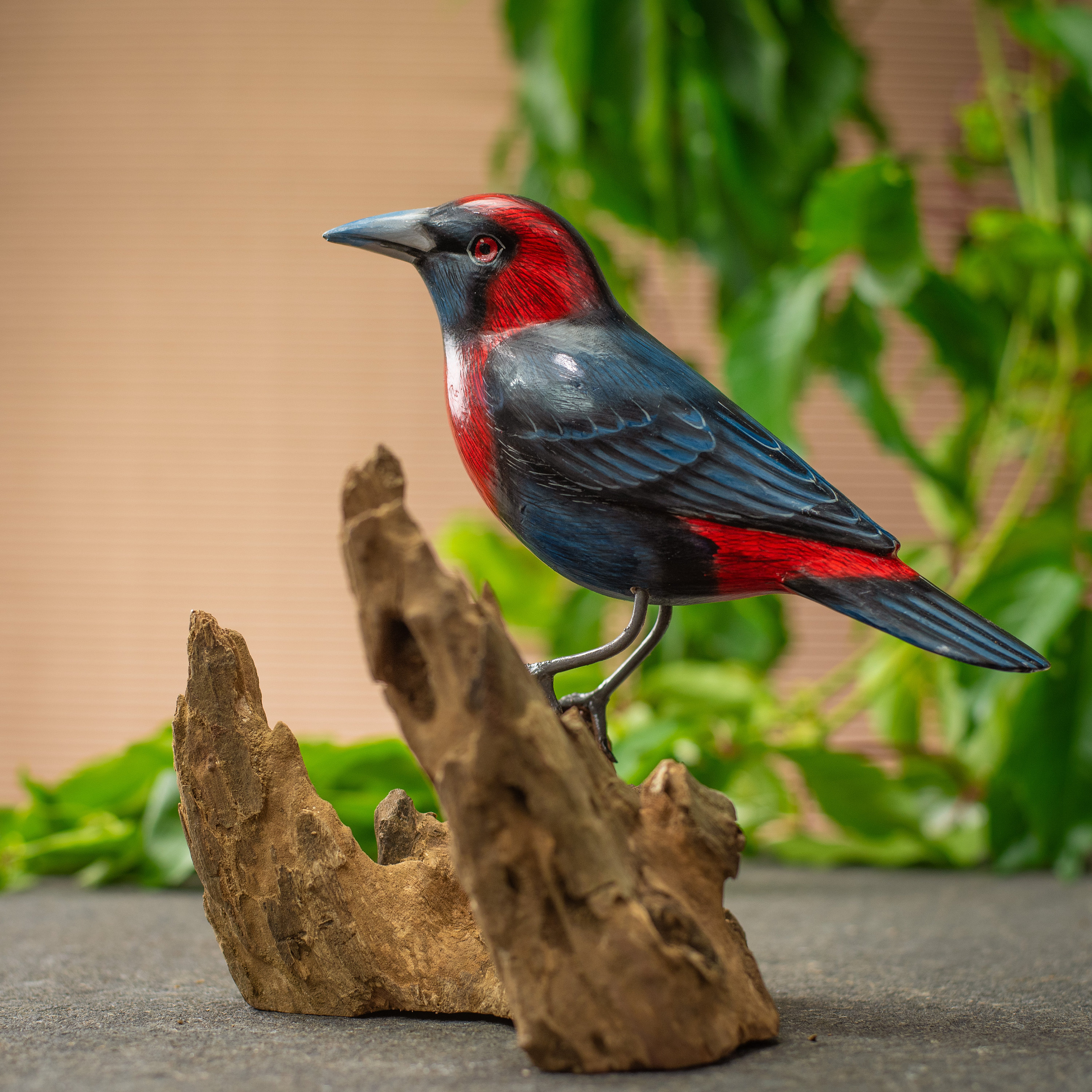 Hand Painted Wooden Bird Sculpture of a Masked Crimson Tanager