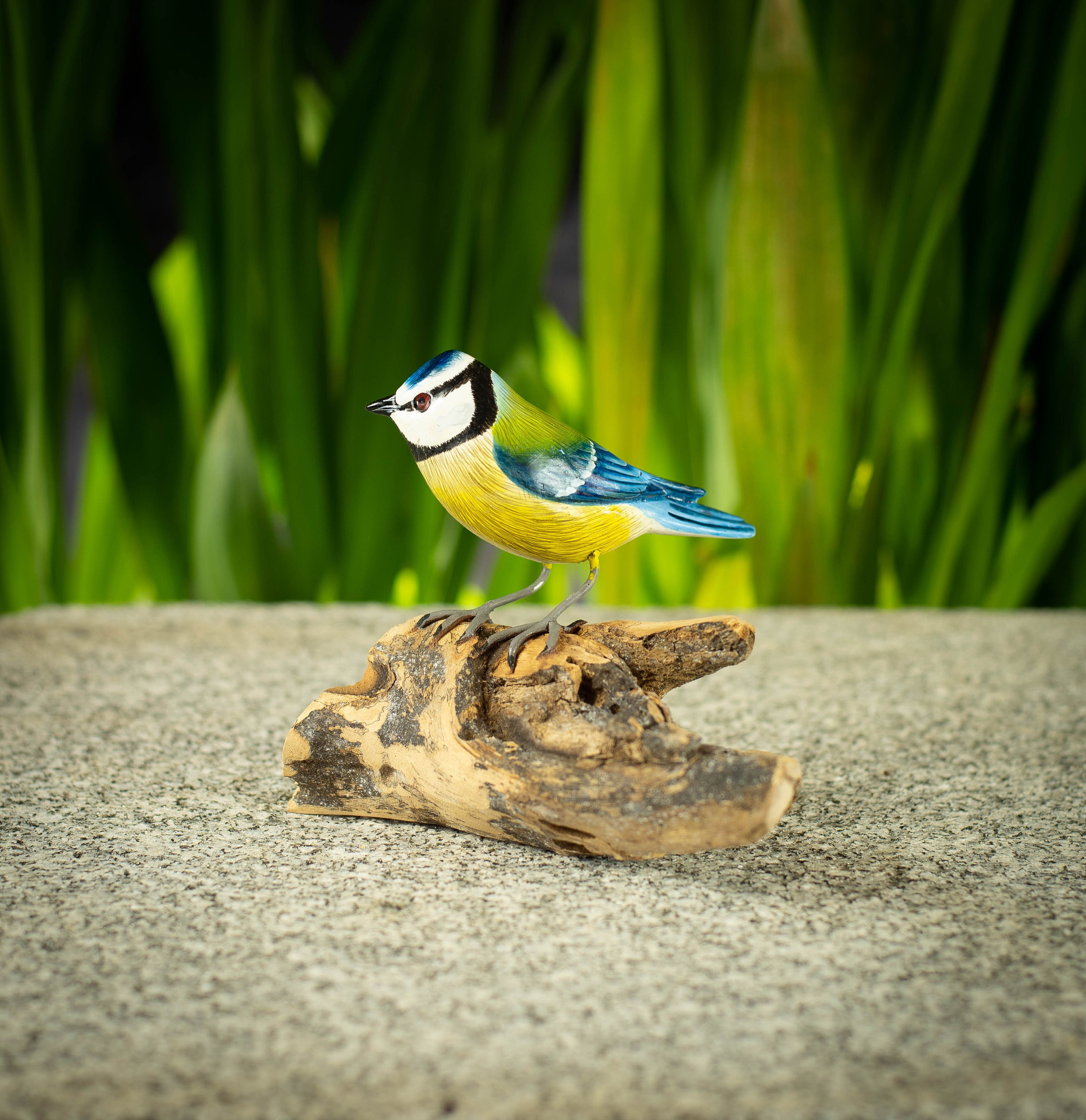 Hand Painted Wooden Bird Sculpture of a Eurasian Blue Tit