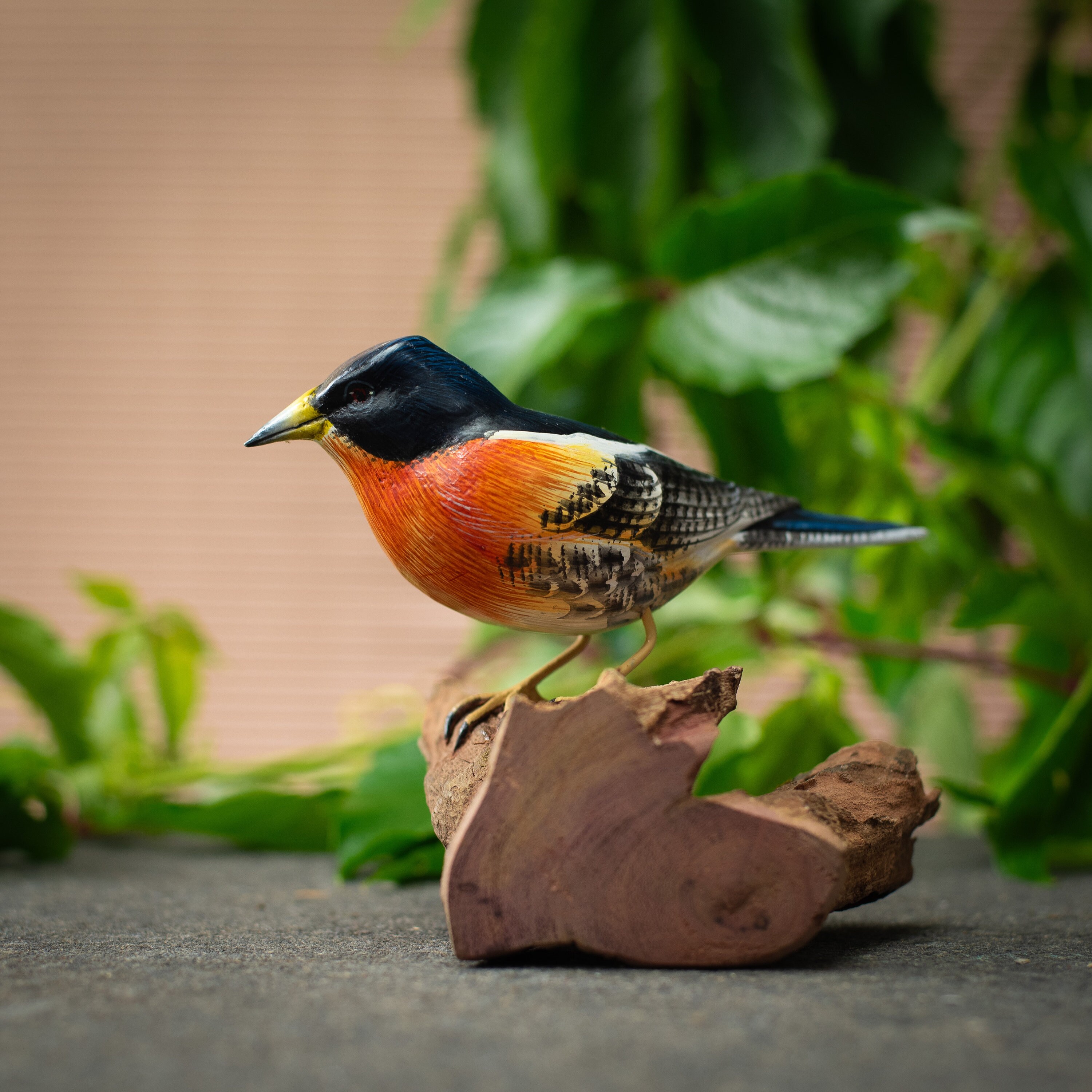 Hand Painted Wooden Bird Sculpture of a Brambling